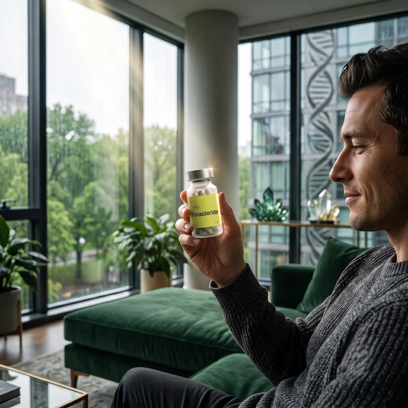 Finasteride — man holding the bottle at home