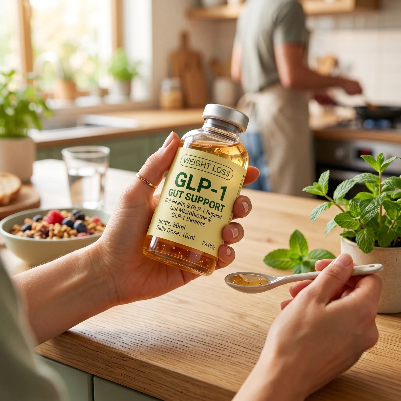 GLP-1 Gut Support — woman holding the bottle in a kitchen