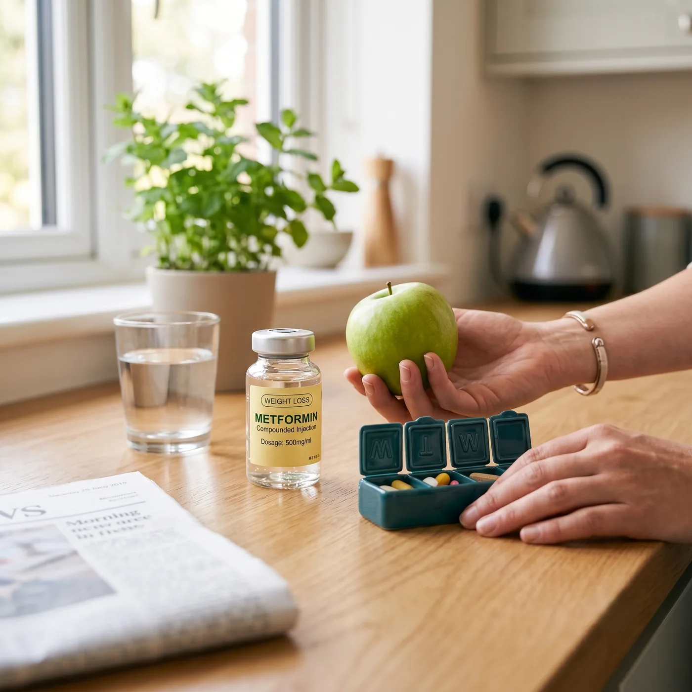Metformin — vial on a kitchen counter