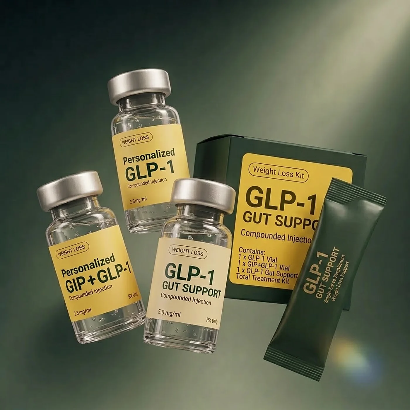 GLP-1 Support Pack — Helix Seven kit box, vials and daily sachets