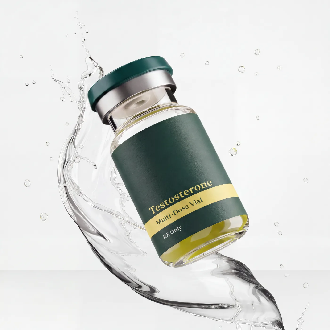 Testosterone cypionate injection — vial on liquid background